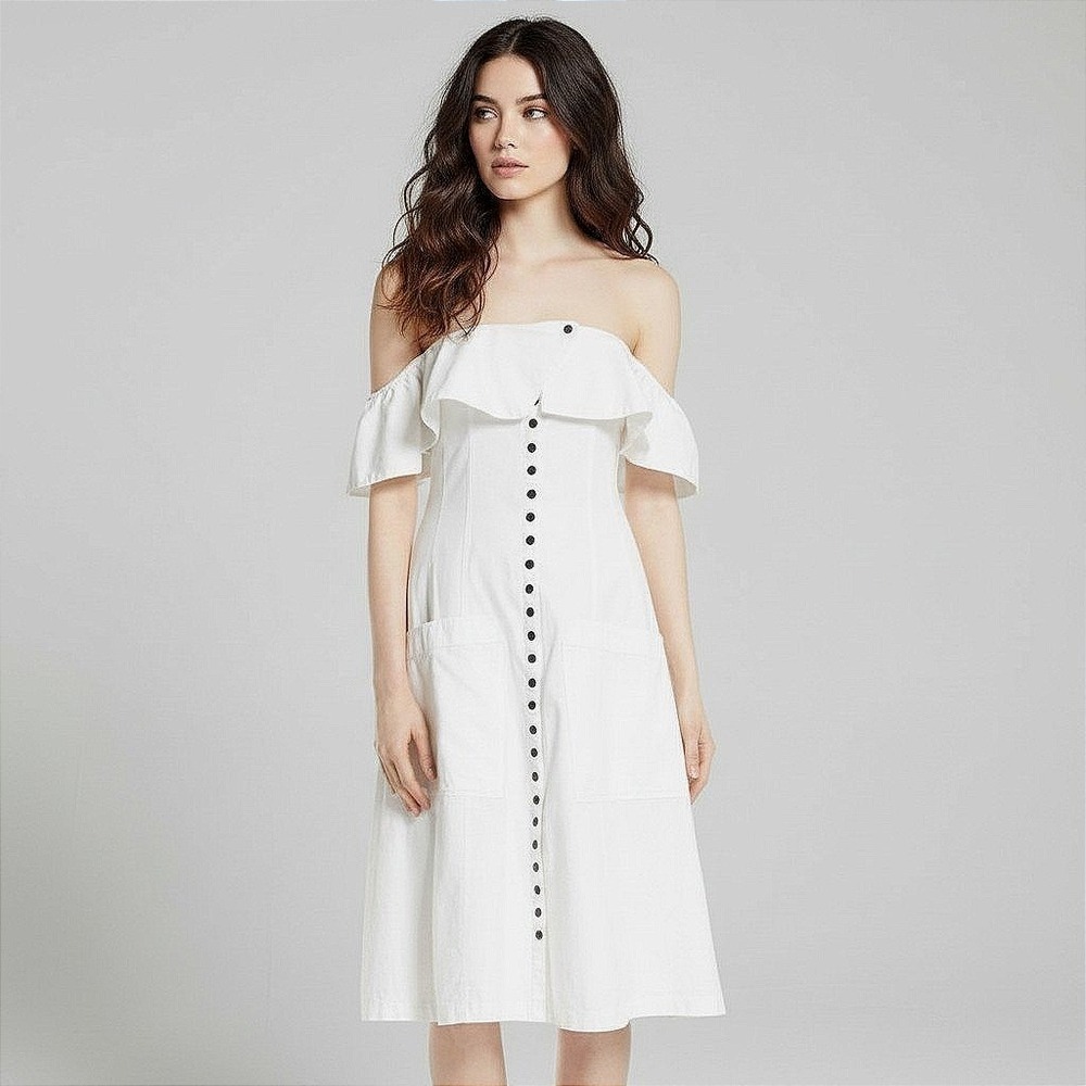 Apiece Apart White Cotton Ruffle Off Shoulder Button Front Midi Dress Size 2